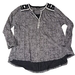 Lucky Brand Black White Print Embroidered Tunic Top Women's 3X Plus Size